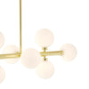 A long gilt metal frame with 8 opal white globes, a stunning linear pendant suitable for any room.