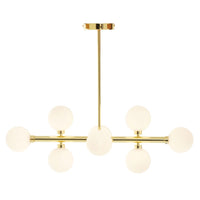 Gilt pendant with 8 opal white globesA long gilt metal frame with 8 opal white globes, a stunning linear pendant suitable for any room.