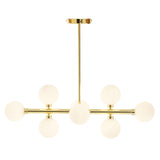 Gilt pendant with 8 opal white globesA long gilt metal frame with 8 opal white globes, a stunning linear pendant suitable for any room.
