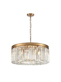 Gold metal rimmed crystal prism chandelier.  Very high quality crystal prism drops suspended from a brushed gold finish metal surround.  