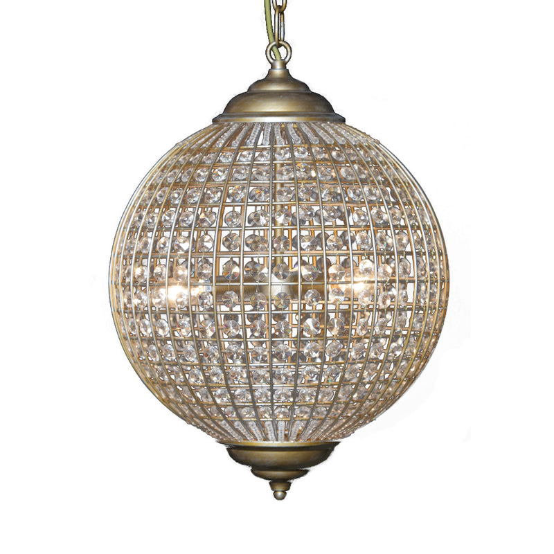 Gold Globe Chandelier available in two sizes 50cm or 40cm wide. Crystal beading encased in brushed gold metalwork reflects a pretty pattern around your ceiling and walls. A classic hanging pendants which compliments all types of decor.