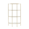 A Beautiful 3 tier shelf display unit with an elegant curved shape. The 3 glass shelf inserts and a mirror glass bottom shelf sit in a gold metal frame.