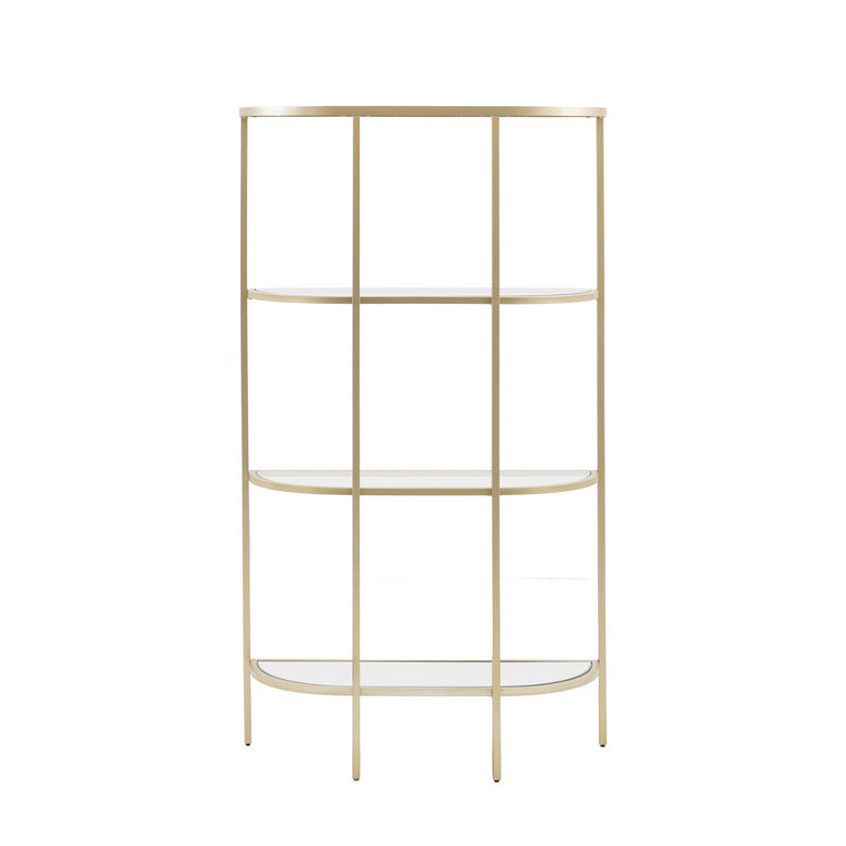 A Beautiful 3 tier shelf display unit with an elegant curved shape. The 3 glass shelf inserts and a mirror glass bottom shelf sit in a gold metal frame.