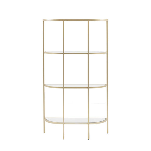 A Beautiful 3 tier shelf display unit with an elegant curved shape. The 3 glass shelf inserts and a mirror glass bottom shelf sit in a gold metal frame.