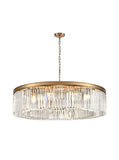 Gold metal rimmed crystal prism chandelier.  Very high quality crystal prism drops suspended from a brushed gold finish metal surround.