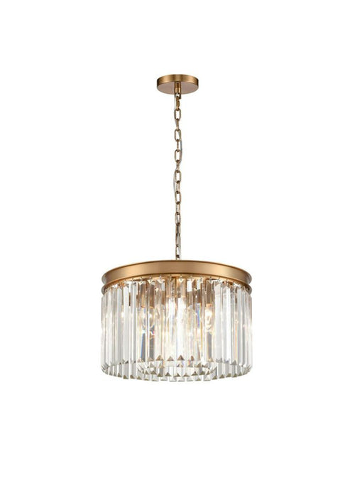 Gold metal rimmed crystal prism chandelier.  Very high quality crystal prism drops suspended from a brushed gold finish metal surround.  