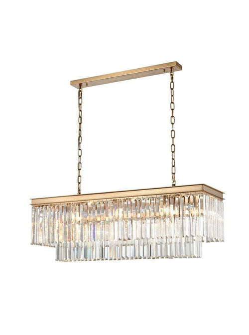 Exceptionally stunning rectangular crystal prism chandelier. The warmth of the gold metal with the crystal prism drops - total luxury.