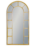  Simple shape in a rubbed gilt metal finish, great indoor window mirror.