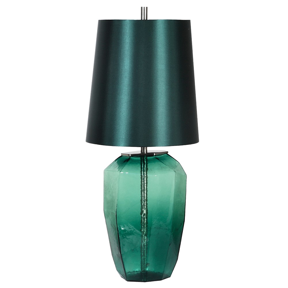 Exceptionally tall, elegant green glass and nickel metal table lamp with tall green shade.