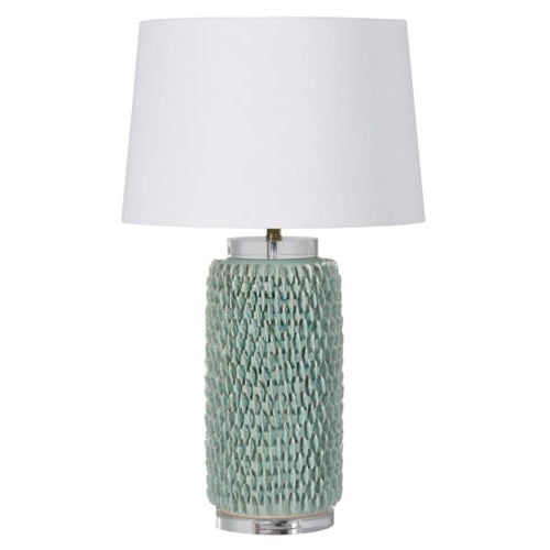 Very intricate green 'petal' embossed lamp with lucite base and top. Inclusive of white shade.