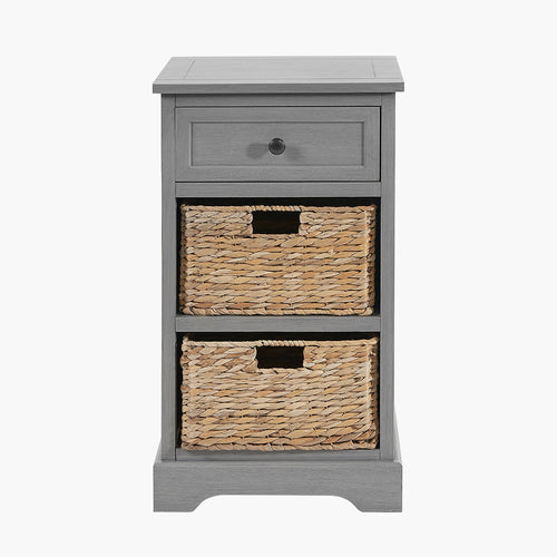 Tall, grey painted bedside table with one wooden and 2 basket drawers,  H: 70 cm W: 40 cm D: 33 cm