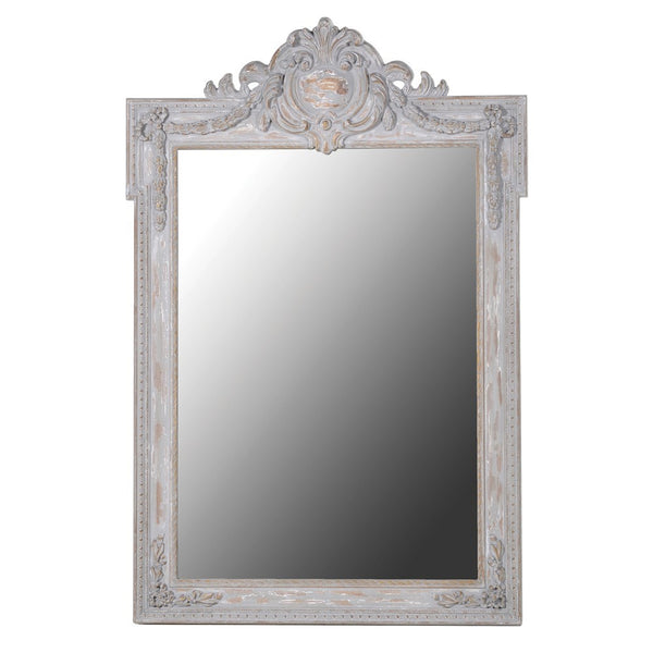 Tall rubbed grey painted wall mirror with crest, perfect 'vintage' feel.