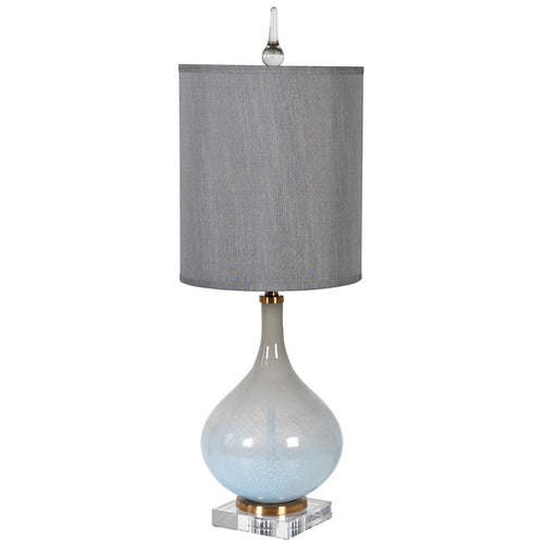 Glass grey gradual coloured lamp base. The lamp is centred onto a crystal base. Classic contemporary look.