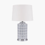 Tall grey and white ceramic table lamp with white linen shade. large lamp with a scandi feel.