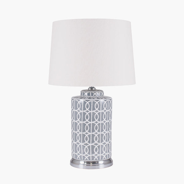 Tall grey and white ceramic table lamp with white linen shade. large lamp with a scandi feel.