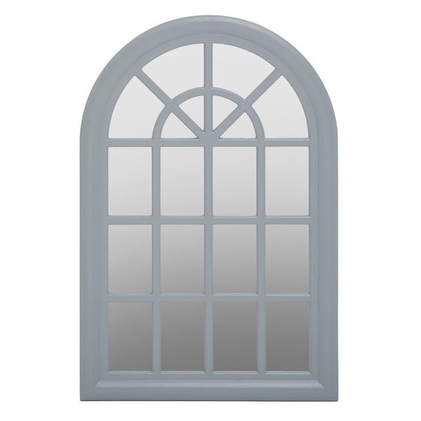 Grey painted arched window mirror.