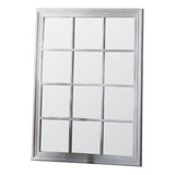 Pale grey painted, rectangular shaped window mirror, to hang vertically or horizontally.  12 panes of mirrored glass to add light and perspective to any room.