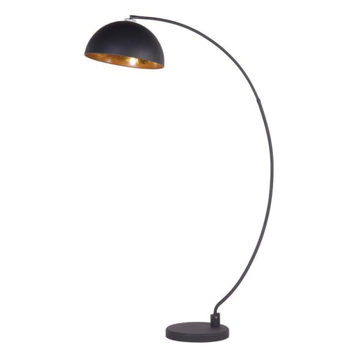 Black, wide arc metal floor lamp with gilt inner to the wide shade. This lamp suits both classic and more industrial interiors.