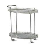 An oval metal drinks trolley in silver with mirrored shelves, open with large galleried shelves to contain all you glasses and alcohol.