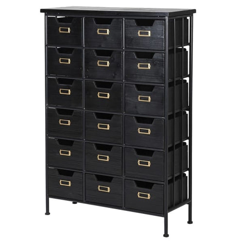 Black wood and metal industrial style 18 drawer chest. Exceptionally useful chest of drawers, perfect for the urban office.