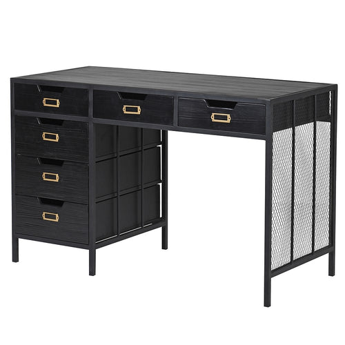 Wooden 6 drawer desk in an industrial finish. Painted black wooden and metal finish. A substantial desk, made to last in a very stylish finish. 