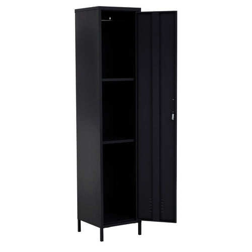 Tall, black metal, iron cabinet. One door with with 2 shelves inside. Perfectly simple industrial piece.