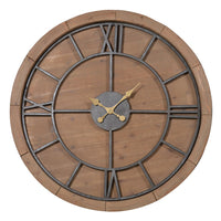 Round skeleton wall clock with wooden frame and iron face