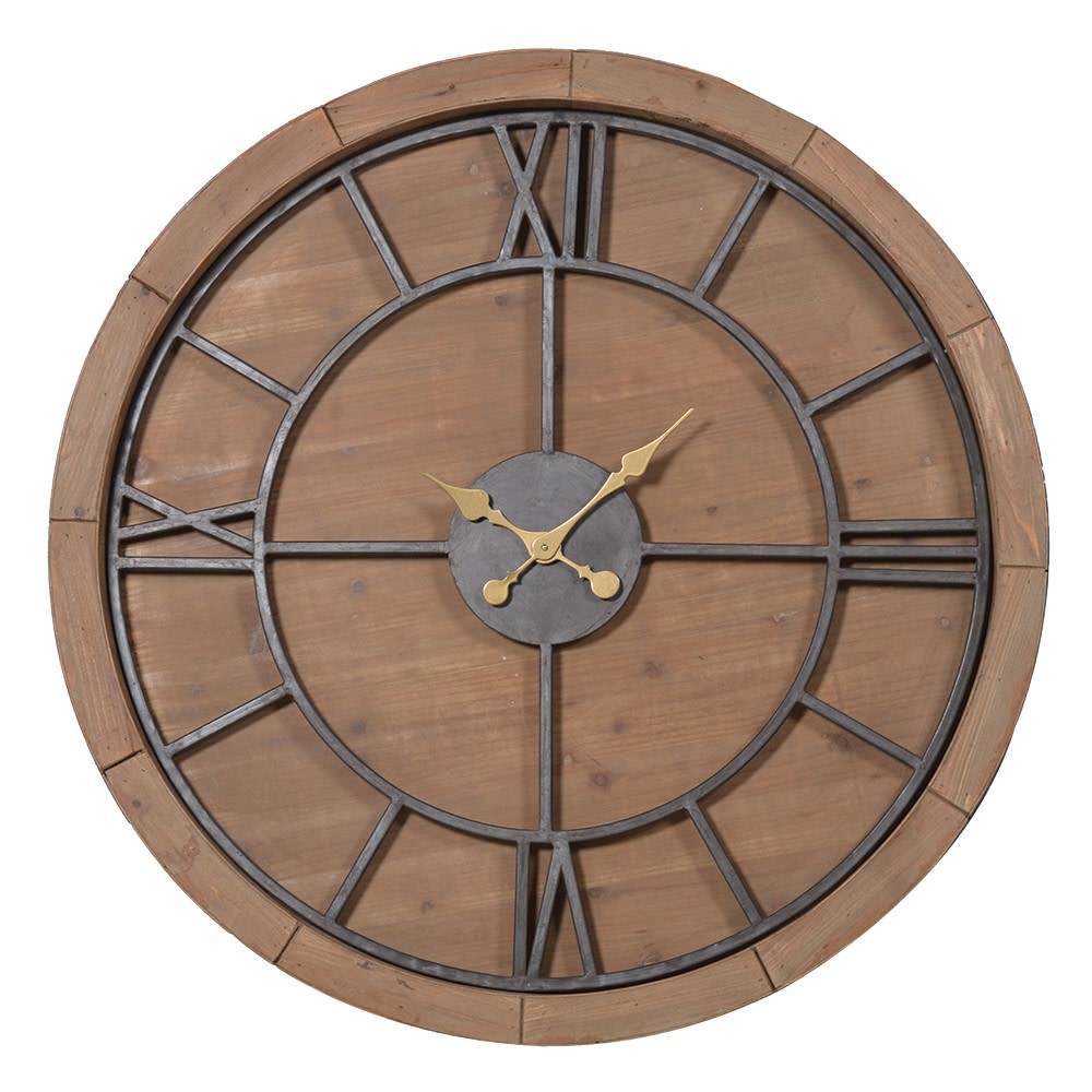 Round skeleton wall clock with wooden frame and iron face