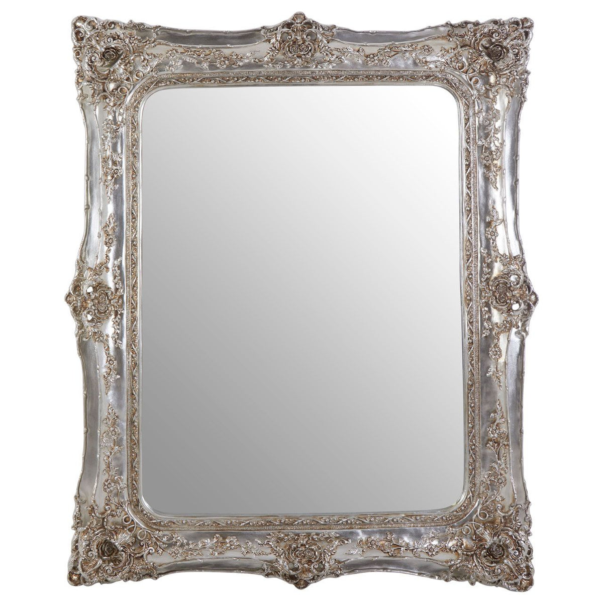 Tall, highly decorative champagne mirror. A statement mirror with its luxurious design and ornate detailing.