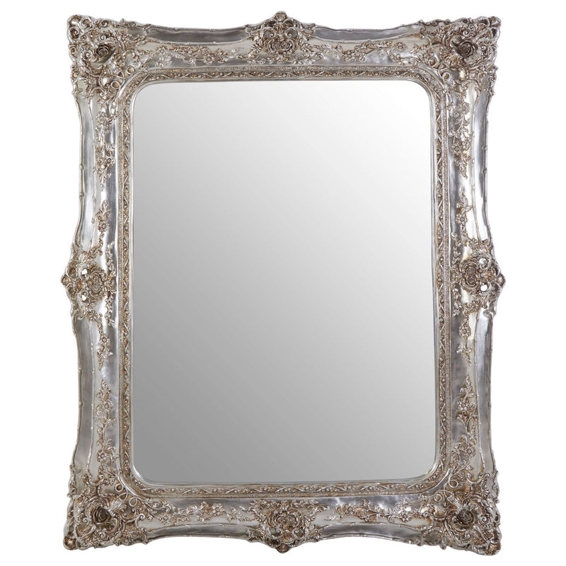 Tall, highly decorative champagne mirror. A statement mirror with its luxurious design and ornate detailing.