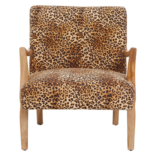 Stunning Leopard Print chair with wooden arms and legs, a statement chair in your bedroom or living room.