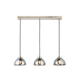 3 light linear pendant, perfect kitchen island or dining table light. Smoked glass pendants on a striking chrome plate with chrome accents. Such an easy way to add a touch of luxury and interest to your room.  W: 70 cm H: 280 cm (Max height 138cm) D: 16 cm