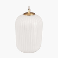 Long white glass pendant with a soft gold fitting and ceiling rose. Opaque glass has the benefit of offering a warm diffused glow in a room, perfect in a bedroom, hall or living room.