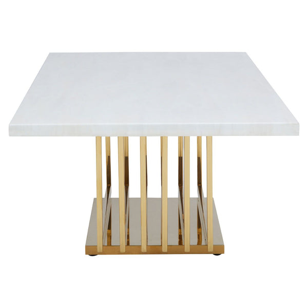 Absolutely beautiful white faux marble topped coffee table on an intricately designed base.  The base is in a shiny, gilt coloured metal.