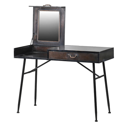 An industrial metal dressing table/desk with an integral mirror and drawers. Can be used in home office or bedroom, great, useful adaptable table.  W: 110 cm H: 81 cm D: 50 cm