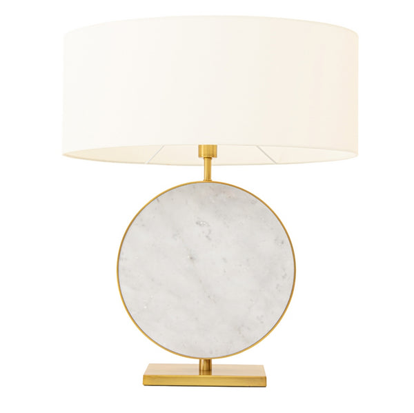Exceptional white marble disc lamp, encircled in gilt metal a total statement with a matching oval shade.