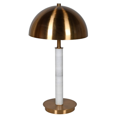 A uniquely different brass table lamp with a marble column stem. Light shines down and spreads throughout giving a warm glow to your space. Requires 2 x E27 light bulbs not included. H: 53cm W: 37cm