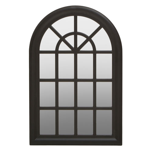 Matt black wooden arch window mirror.