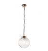 Ribbed glass globe pendant with antique brass fittings. Unusual ribbed circular globe light, disperses light softly in your space, ideal hall light or in a kitchen, over an island, a versatile light to suit any decor. 