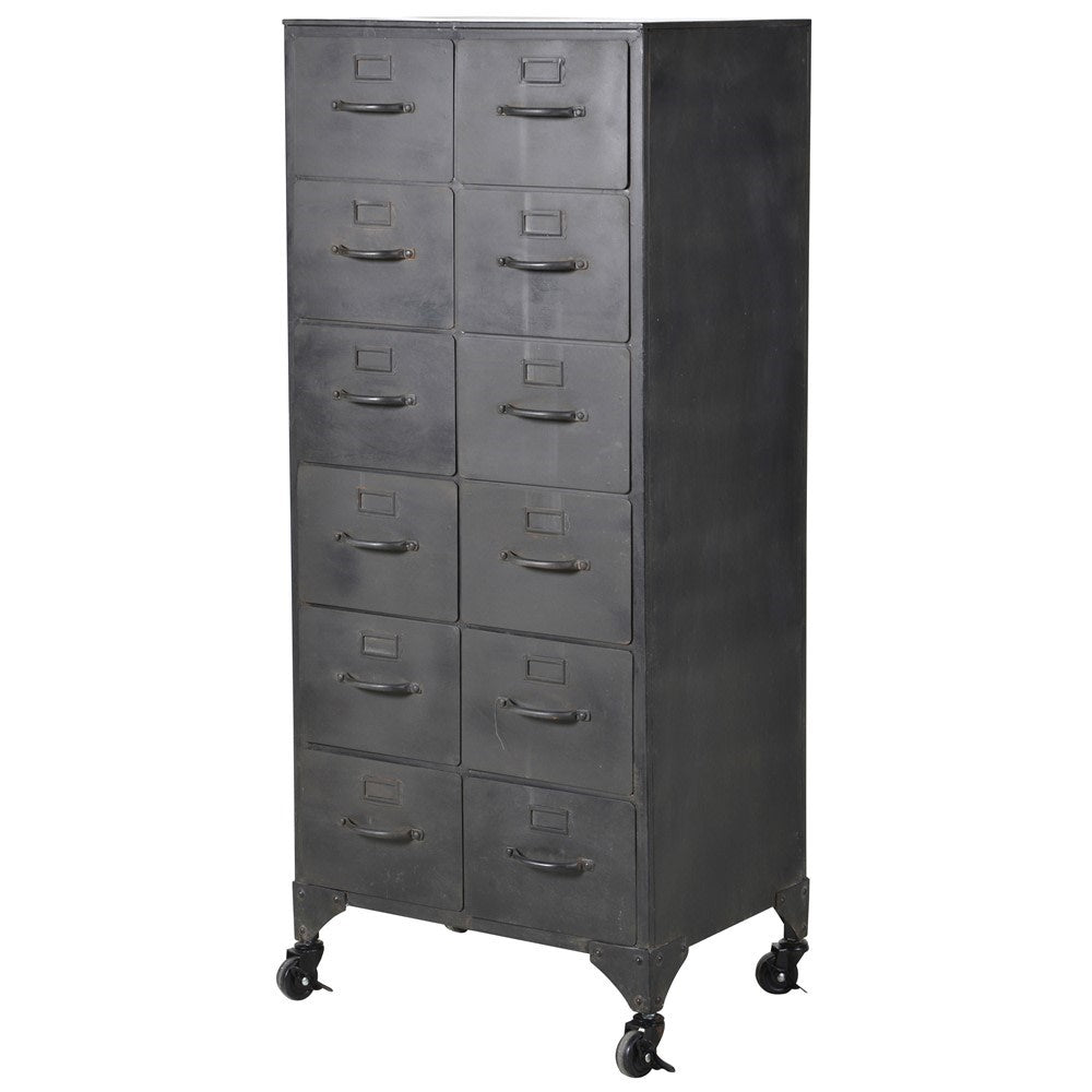 Tall, 12 drawer, industrial metal cabinet,. Industrial furniture at it's best. Stylish and useful - easily moved on 4 casters.