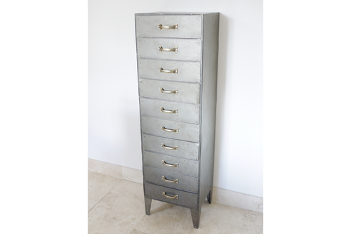 Exceptionally tall, 10 drawer metal filing cabinet in a brushed steel industrial finish. Industrial style storage at it's best !!