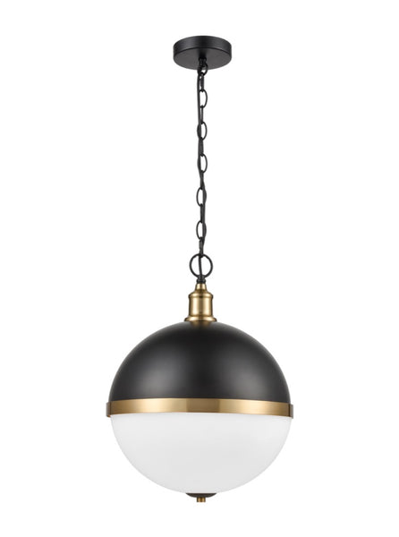 Dark metal and opal glass globe pendant with gold band accent.