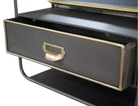 Metal swivel mirror set in dark metal casing with drawer, accented in brushed brass colour. Useful wall mounted mirror with the addition of a small drawer, perfect for your hall or bedroom.&nbsp;
