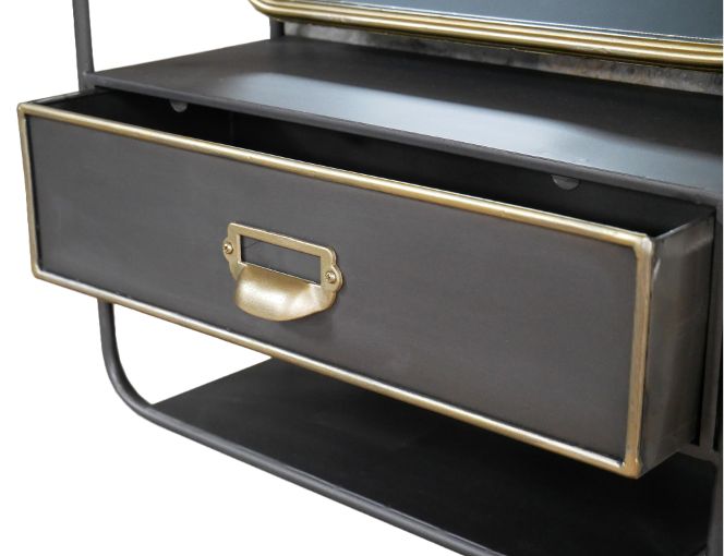 Metal swivel mirror set in dark metal casing with drawer, accented in brushed brass colour. Useful wall mounted mirror with the addition of a small drawer, perfect for your hall or bedroom.&nbsp;