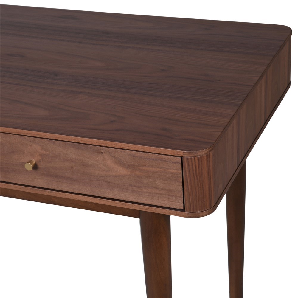 An attractively sleek desk in a walnut veneer with useful storage draws and mid-century modern styled legs.&nbsp;