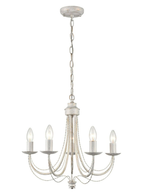 Totally simple, elegant brushed white 5 light metal chandelier with discreet decoration.