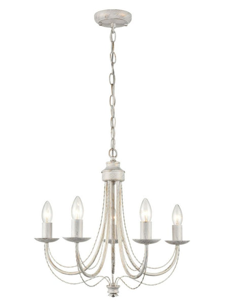 Totally simple, elegant brushed white 5 light metal chandelier with discreet decoration.