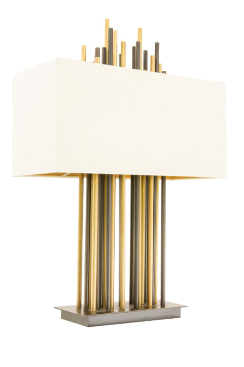 Luxurious metal rod table lamp with rectangular shade. A real statement lamp, tall and imposing - metal rods in varying heights and metals.