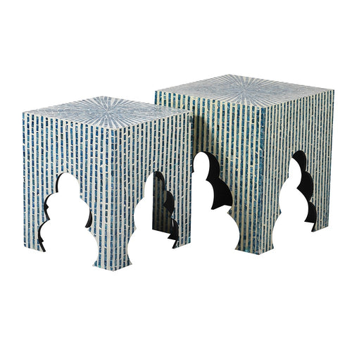 White & Blue stools with a mosaic design. In a Moroccan style, perfect exotic decorative seating.