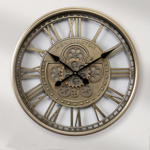 Absolute statement clock with the addition of the moving cogs this clock has everything, available in Brushed Gold or Nickel with glass front.